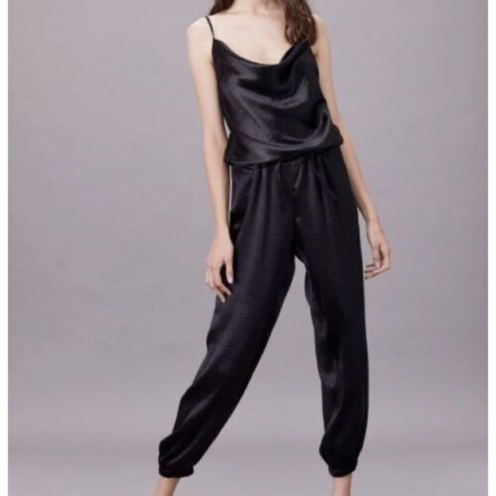 NWT LNA Cowl Cami Draped Neckline Elastic Hem Black Crinkle Jumpsuit Romper S